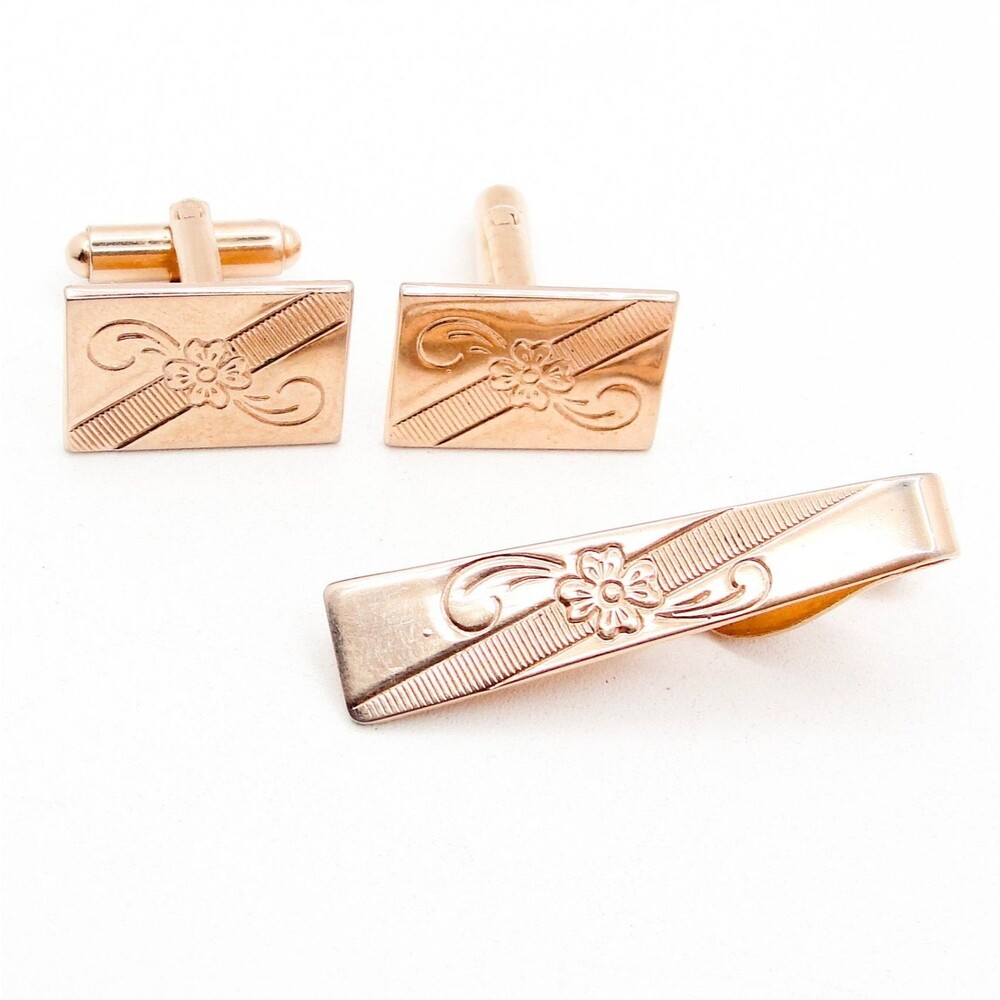 Vintage Hickok Etched Floral Gold Tone Cufflinks Tie Clip Set Mid Century Retro